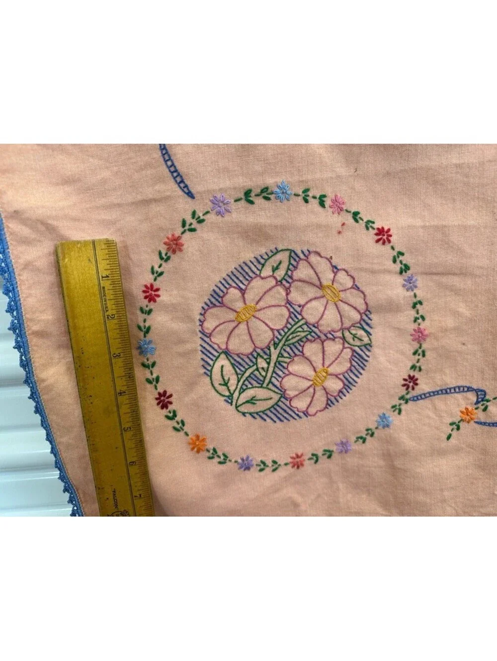 Vintage Embroidered Flower Hibiscus? Card Table Tablecloth Topper 33.5